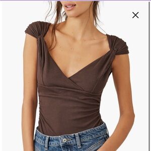 Free People Another Love Cap Sleeve Stretch Cotton Bodysuit in Brown